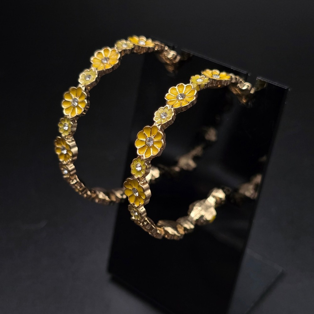 Yellow Enamel Flower Hoop Earrings Spring Easter
